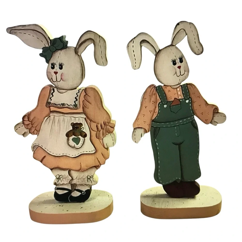 Vintage Wooden Bunny Couple – Hand Painted Folk Art Rabbits(only)